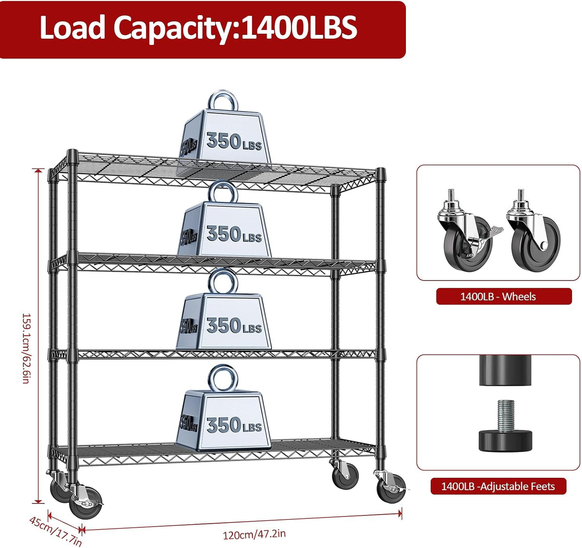 5-Tier Adjustable Heavy Duty Steel Wire Shelving Unit with Wheels, Storage Rack Organizer for Garage, Kitchen, Office, Laundry, Basement (Black, 17.7" D x 47.2" W x 76.7" H, 1750 lbs Capacity)