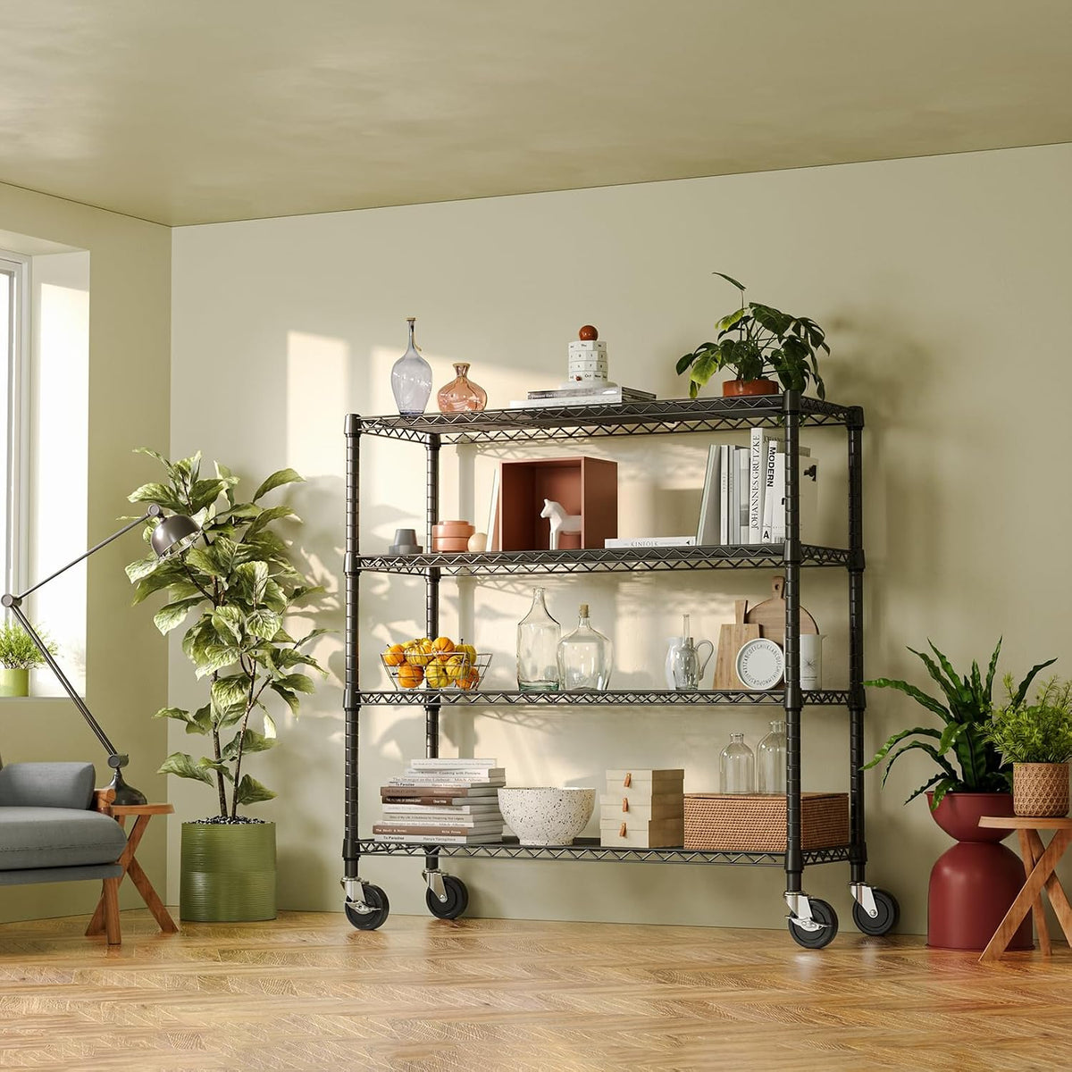 5-Tier Adjustable Heavy Duty Steel Wire Shelving Unit with Wheels, Storage Rack Organizer for Garage, Kitchen, Office, Laundry, Basement (Black, 17.7" D x 47.2" W x 76.7" H, 1750 lbs Capacity)