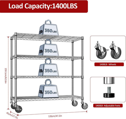 5-Tier Adjustable Heavy Duty Steel Wire Shelving Unit with Wheels, Storage Rack Organizer for Garage, Kitchen, Office, Laundry, Basement (Black, 17.7" D x 47.2" W x 76.7" H, 1750 lbs Capacity)