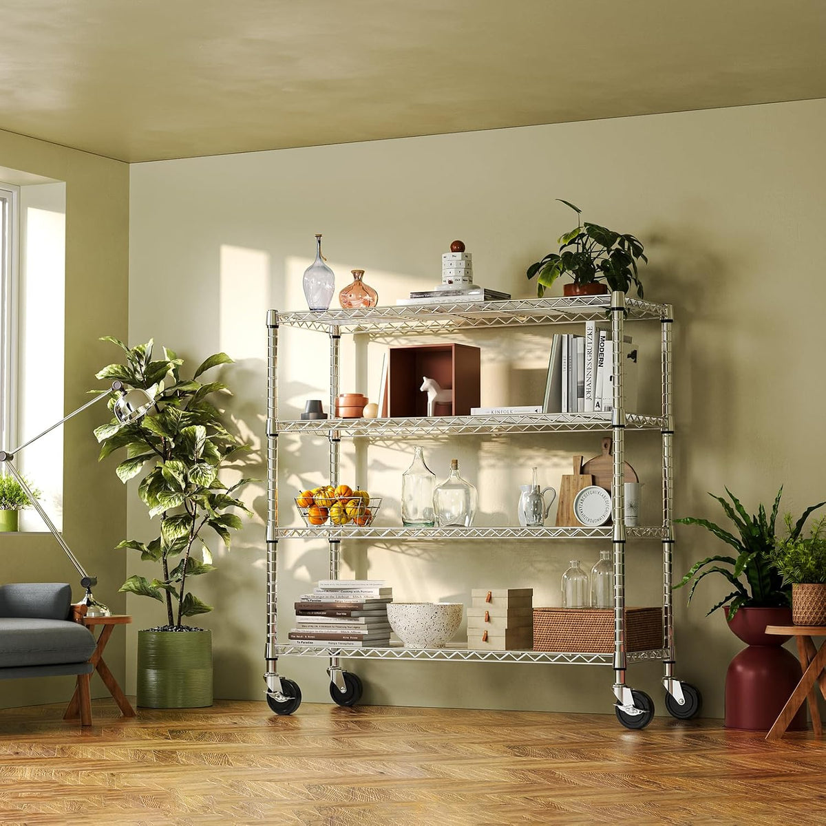 5-Tier Adjustable Heavy Duty Steel Wire Shelving Unit with Wheels, Storage Rack Organizer for Garage, Kitchen, Office, Laundry, Basement (Black, 17.7" D x 47.2" W x 76.7" H, 1750 lbs Capacity)