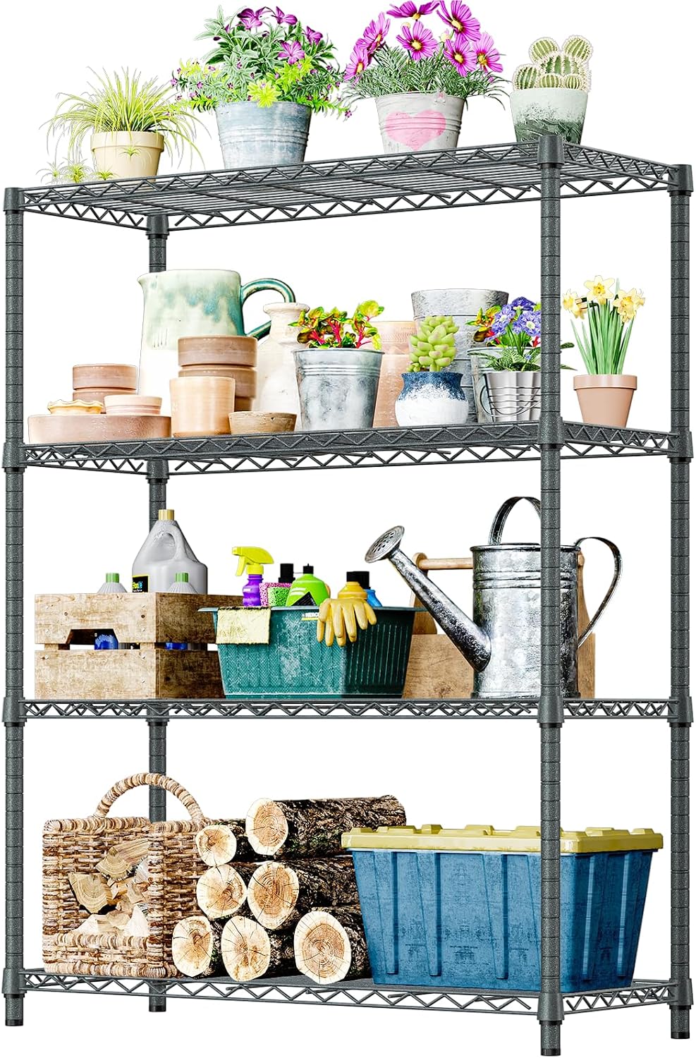 5-Tier Adjustable Heavy Duty Steel Wire Shelving Unit with Wheels, Storage Rack Organizer for Garage, Kitchen, Office, Laundry, Basement (Black, 17.7" D x 47.2" W x 76.7" H, 1750 lbs Capacity)