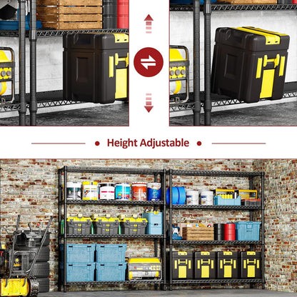 5-Tier Adjustable Heavy Duty Steel Wire Shelving Unit with Wheels, Storage Rack Organizer for Garage, Kitchen, Office, Laundry, Basement (Black, 17.7" D x 47.2" W x 76.7" H, 1750 lbs Capacity)