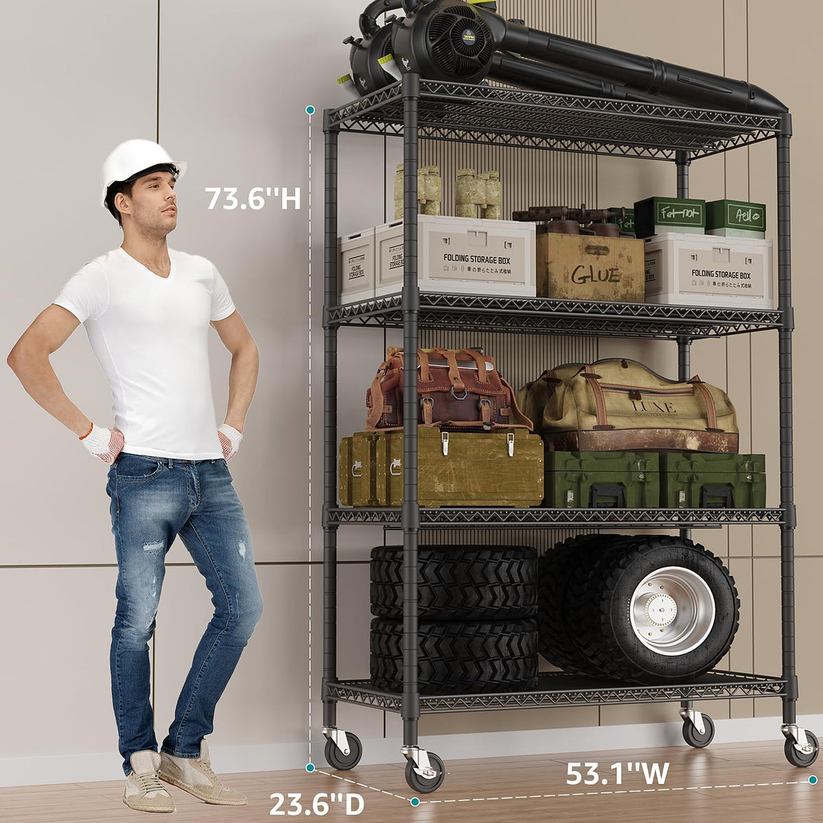 5-Tier Adjustable Heavy Duty Steel Wire Shelving Unit with Wheels, Storage Rack Organizer for Garage, Kitchen, Office, Laundry, Basement (Black, 17.7" D x 47.2" W x 76.7" H, 1750 lbs Capacity)
