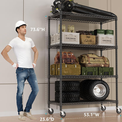 5-Tier Adjustable Heavy Duty Steel Wire Shelving Unit with Wheels, Storage Rack Organizer for Garage, Kitchen, Office, Laundry, Basement (Black, 17.7" D x 47.2" W x 76.7" H, 1750 lbs Capacity)
