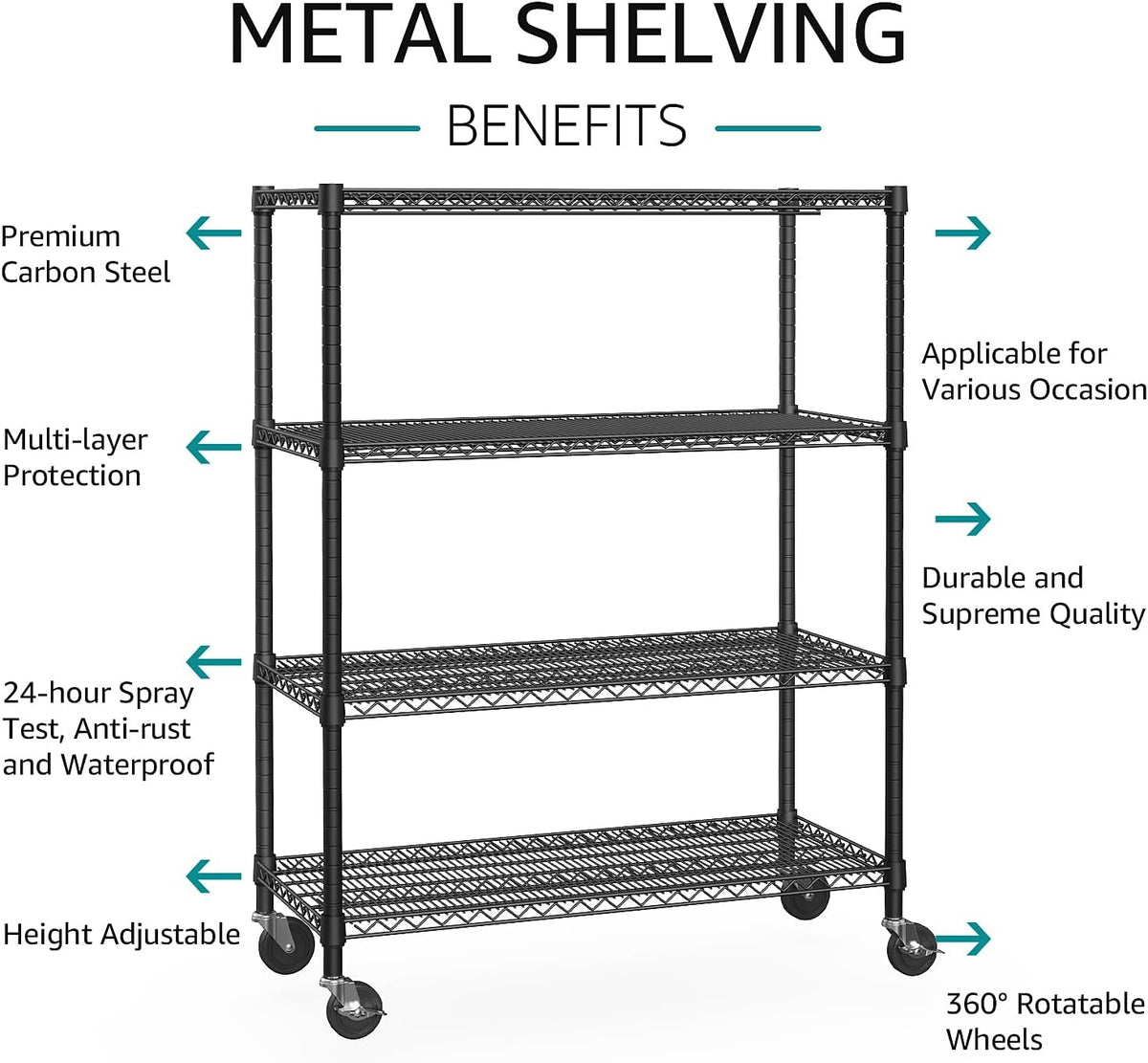 5-Tier Adjustable Heavy Duty Steel Wire Shelving Unit with Wheels, Storage Rack Organizer for Garage, Kitchen, Office, Laundry, Basement (Black, 17.7" D x 47.2" W x 76.7" H, 1750 lbs Capacity)