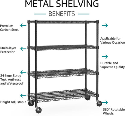 5-Tier Adjustable Heavy Duty Steel Wire Shelving Unit with Wheels, Storage Rack Organizer for Garage, Kitchen, Office, Laundry, Basement (Black, 17.7" D x 47.2" W x 76.7" H, 1750 lbs Capacity)