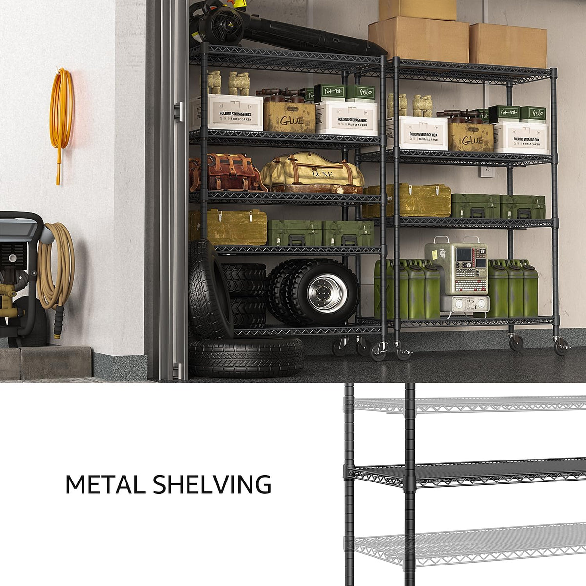 5-Tier Adjustable Heavy Duty Steel Wire Shelving Unit with Wheels, Storage Rack Organizer for Garage, Kitchen, Office, Laundry, Basement (Black, 17.7" D x 47.2" W x 76.7" H, 1750 lbs Capacity)