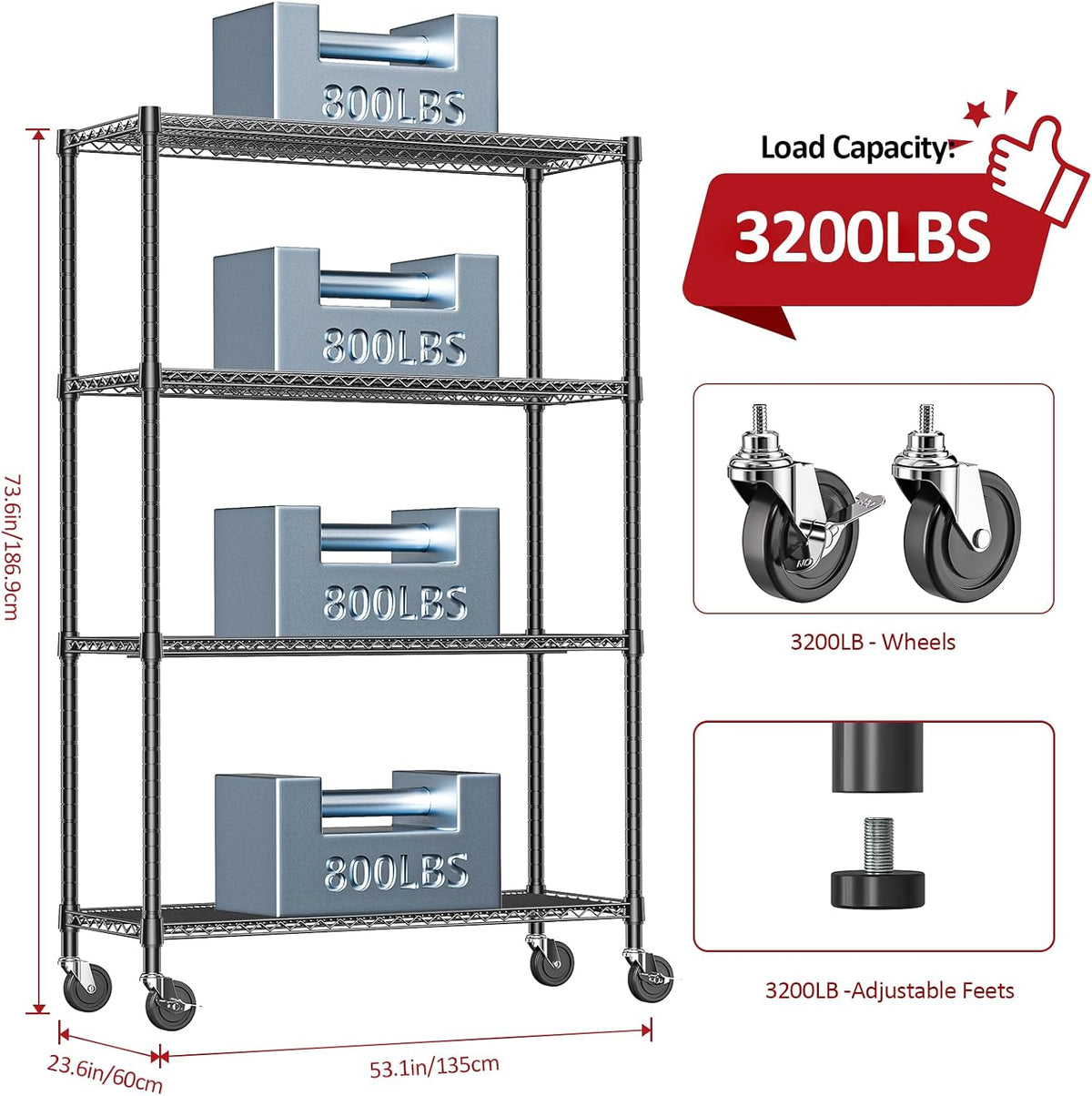 5-Tier Adjustable Heavy Duty Steel Wire Shelving Unit with Wheels, Storage Rack Organizer for Garage, Kitchen, Office, Laundry, Basement (Black, 17.7" D x 47.2" W x 76.7" H, 1750 lbs Capacity)