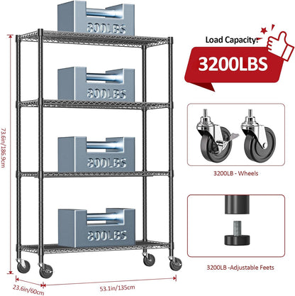 5-Tier Adjustable Heavy Duty Steel Wire Shelving Unit with Wheels, Storage Rack Organizer for Garage, Kitchen, Office, Laundry, Basement (Black, 17.7" D x 47.2" W x 76.7" H, 1750 lbs Capacity)