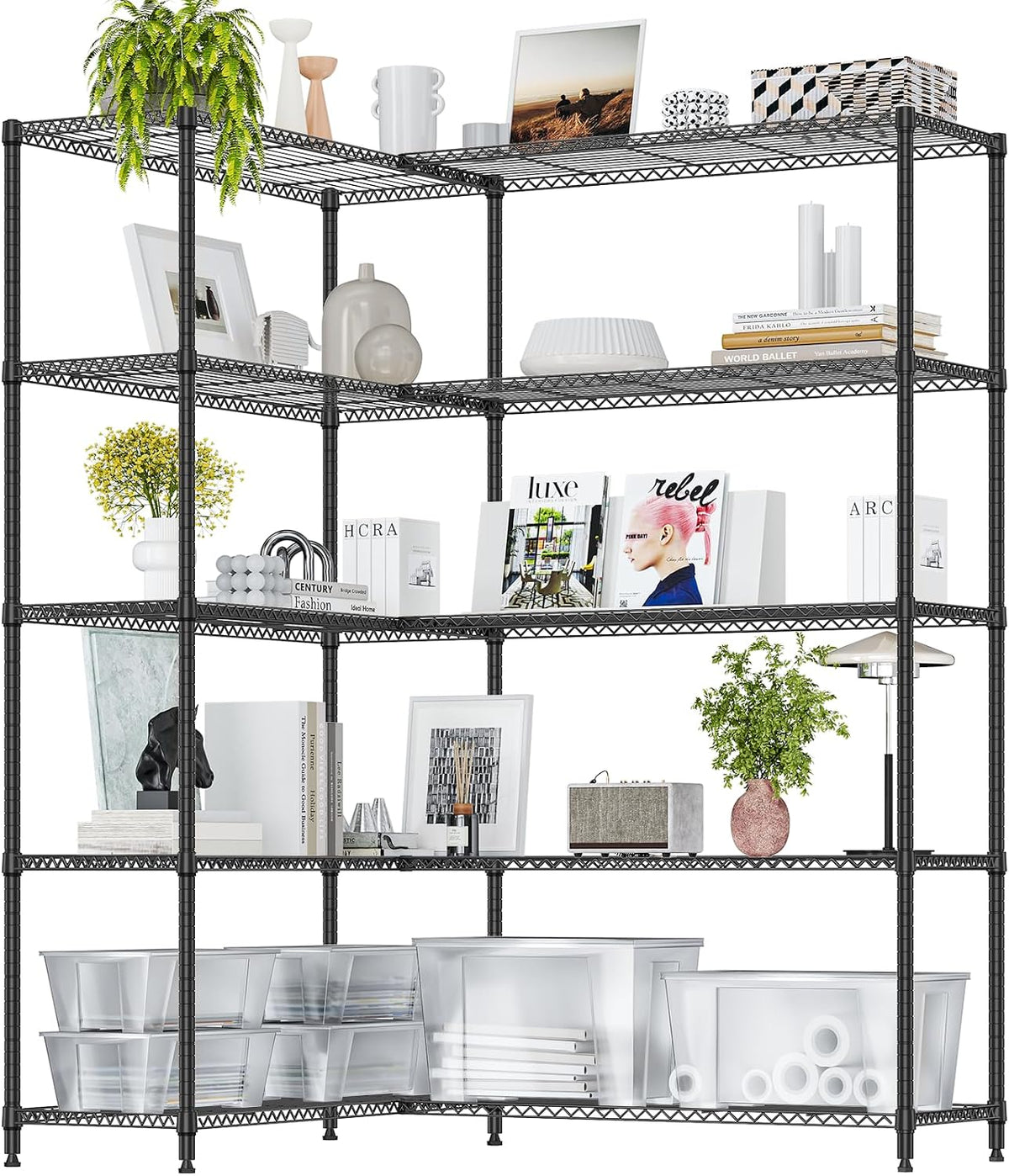 5-Tier Adjustable Heavy Duty Steel Wire Shelving Unit with Wheels, Storage Rack Organizer for Garage, Kitchen, Office, Laundry, Basement (Black, 17.7" D x 47.2" W x 76.7" H, 1750 lbs Capacity)
