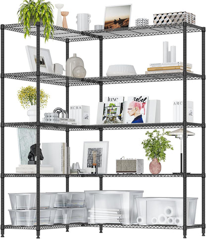 5-Tier Adjustable Heavy Duty Steel Wire Shelving Unit with Wheels, Storage Rack Organizer for Garage, Kitchen, Office, Laundry, Basement (Black, 17.7" D x 47.2" W x 76.7" H, 1750 lbs Capacity)