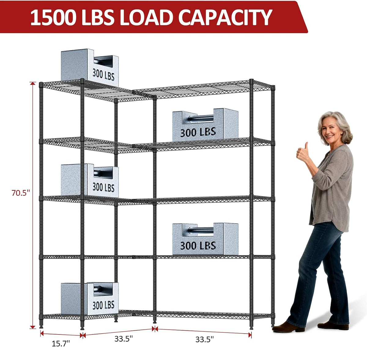 5-Tier Adjustable Heavy Duty Steel Wire Shelving Unit with Wheels, Storage Rack Organizer for Garage, Kitchen, Office, Laundry, Basement (Black, 17.7" D x 47.2" W x 76.7" H, 1750 lbs Capacity)