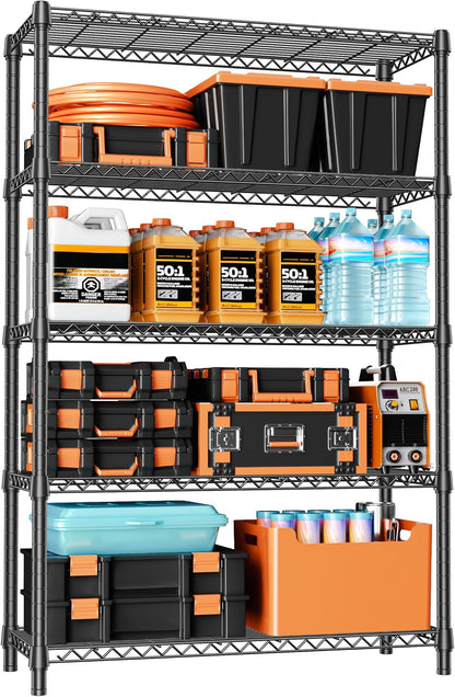 5-Tier Adjustable Heavy Duty Steel Wire Shelving Unit with Wheels, Storage Rack Organizer for Garage, Kitchen, Office, Laundry, Basement (Black, 17.7" D x 47.2" W x 76.7" H, 1750 lbs Capacity)