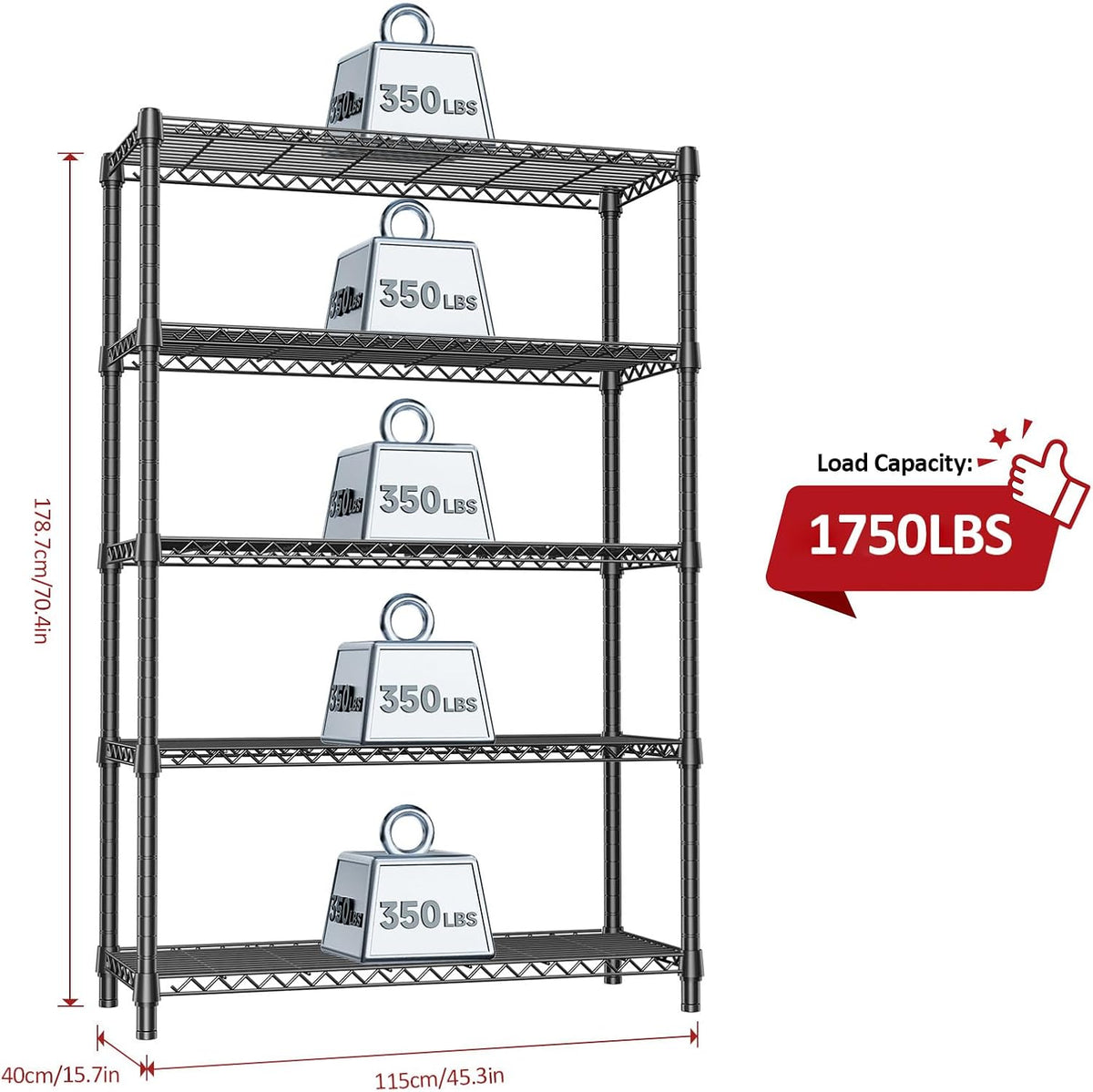 5-Tier Adjustable Heavy Duty Steel Wire Shelving Unit with Wheels, Storage Rack Organizer for Garage, Kitchen, Office, Laundry, Basement (Black, 17.7" D x 47.2" W x 76.7" H, 1750 lbs Capacity)