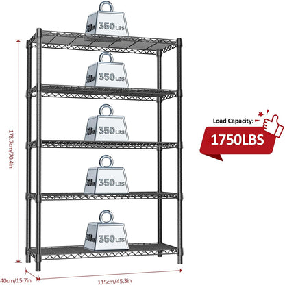 5-Tier Adjustable Heavy Duty Steel Wire Shelving Unit with Wheels, Storage Rack Organizer for Garage, Kitchen, Office, Laundry, Basement (Black, 17.7" D x 47.2" W x 76.7" H, 1750 lbs Capacity)