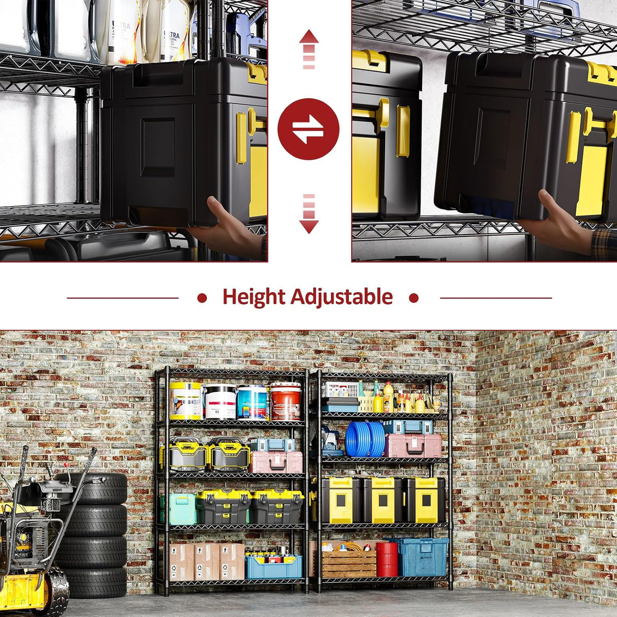 5-Tier Adjustable Heavy Duty Steel Wire Shelving Unit with Wheels, Storage Rack Organizer for Garage, Kitchen, Office, Laundry, Basement (Black, 17.7" D x 47.2" W x 76.7" H, 1750 lbs Capacity)