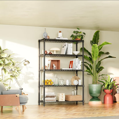 5-Tier Adjustable Heavy Duty Steel Wire Shelving Unit with Wheels, Storage Rack Organizer for Garage, Kitchen, Office, Laundry, Basement (Black, 17.7" D x 47.2" W x 76.7" H, 1750 lbs Capacity)
