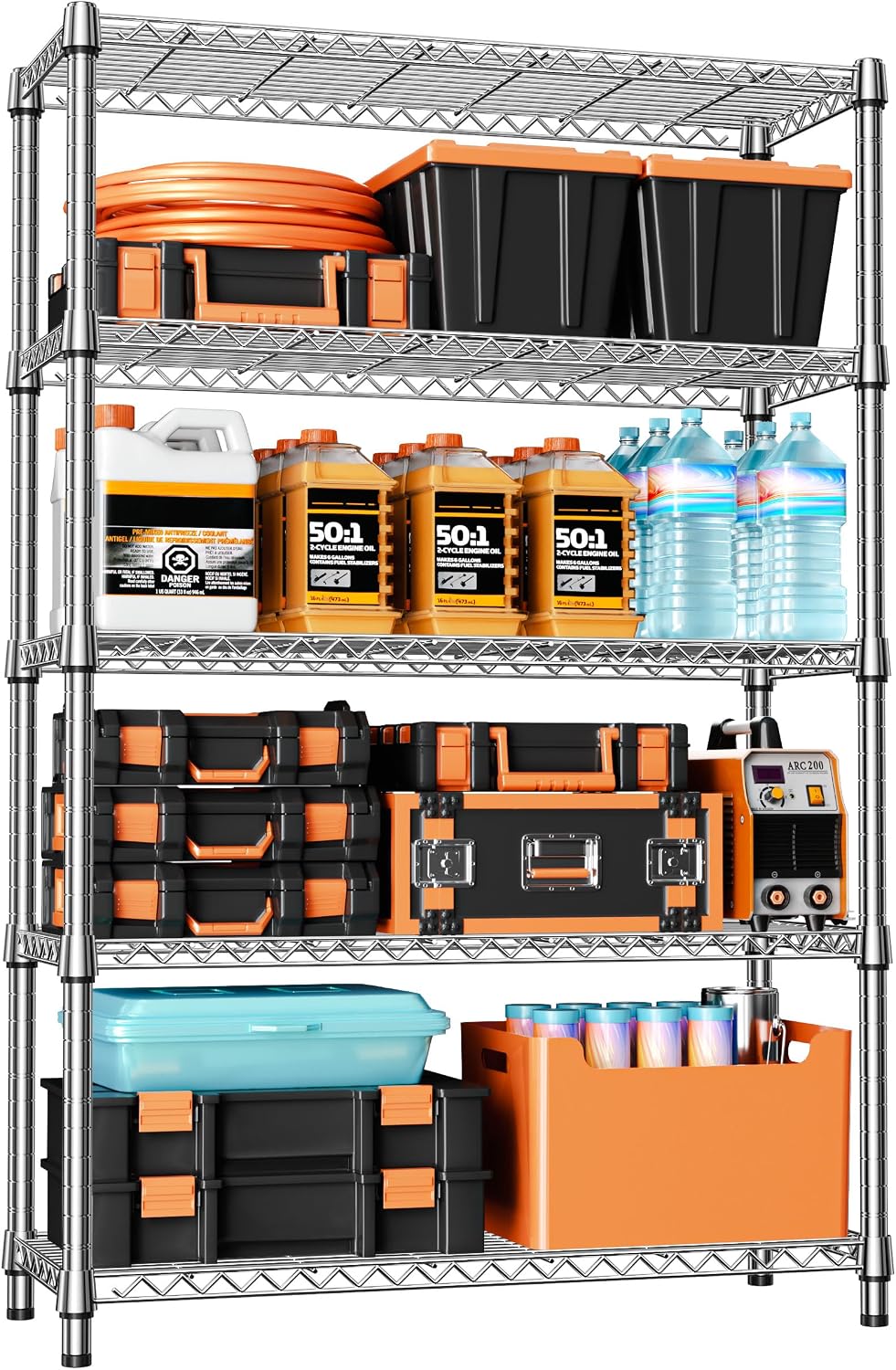 5-Tier Adjustable Heavy Duty Steel Wire Shelving Unit with Wheels, Storage Rack Organizer for Garage, Kitchen, Office, Laundry, Basement (Black, 17.7" D x 47.2" W x 76.7" H, 1750 lbs Capacity)