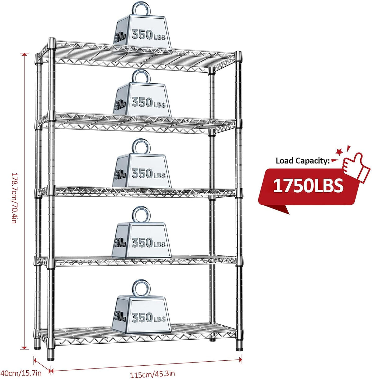 5-Tier Adjustable Heavy Duty Steel Wire Shelving Unit with Wheels, Storage Rack Organizer for Garage, Kitchen, Office, Laundry, Basement (Black, 17.7" D x 47.2" W x 76.7" H, 1750 lbs Capacity)