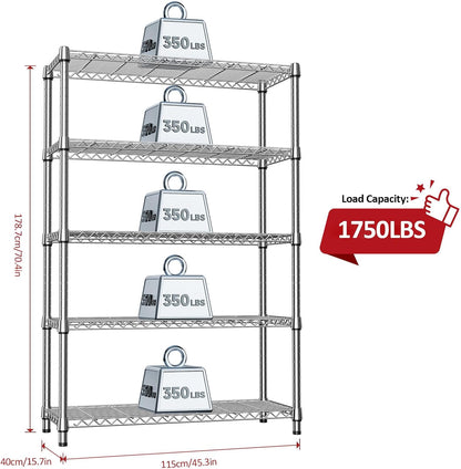 5-Tier Adjustable Heavy Duty Steel Wire Shelving Unit with Wheels, Storage Rack Organizer for Garage, Kitchen, Office, Laundry, Basement (Black, 17.7" D x 47.2" W x 76.7" H, 1750 lbs Capacity)