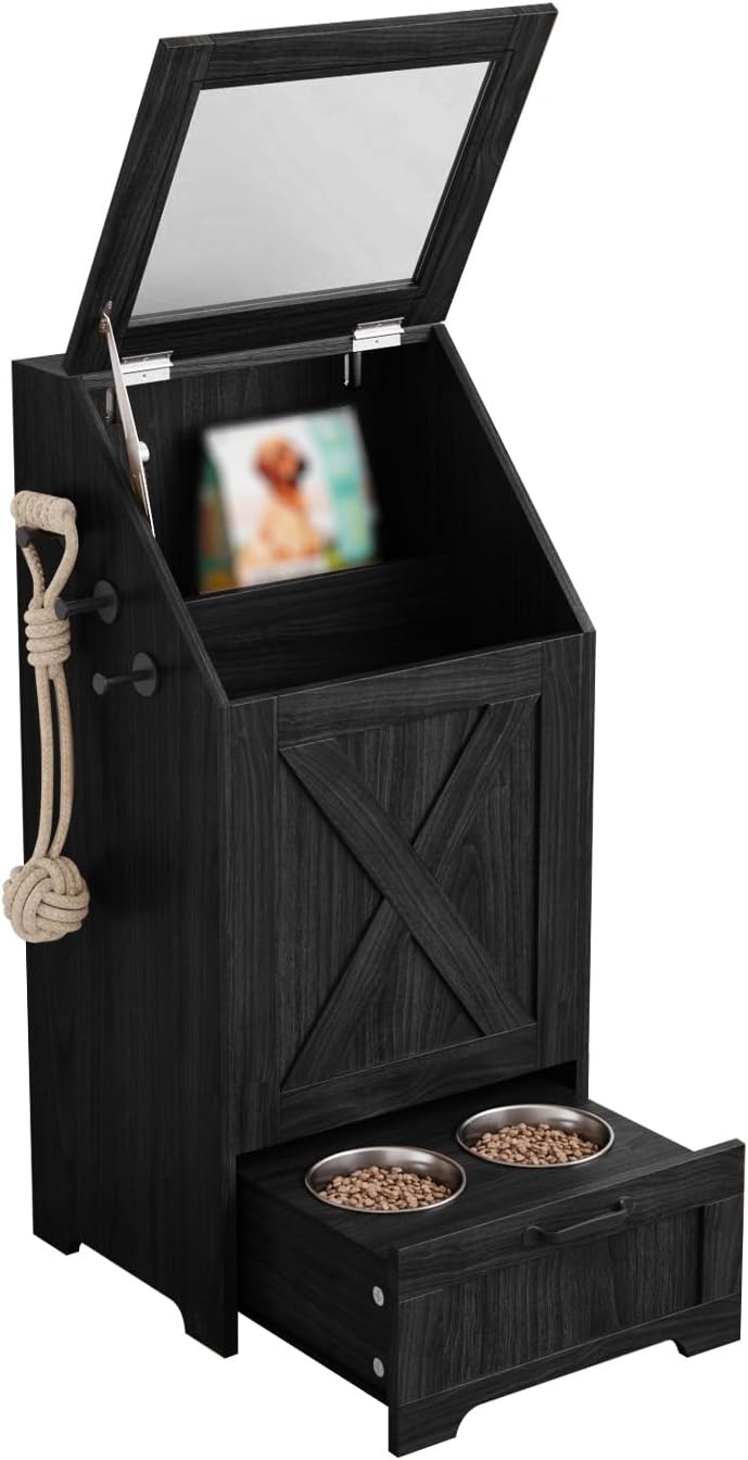 Pet Feeding Station with Storage Cabinet & 2 Elevated Bowls,Hooks,Black
