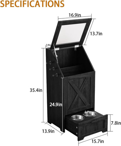 Pet Feeding Station with Storage Cabinet & 2 Elevated Bowls,Hooks,Black