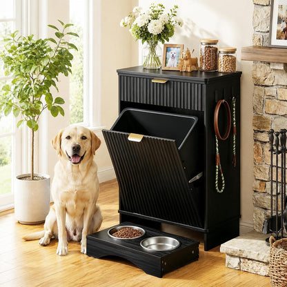 Pet Feeding Station with Storage Cabinet & 2 Elevated Bowls,Hooks,Black