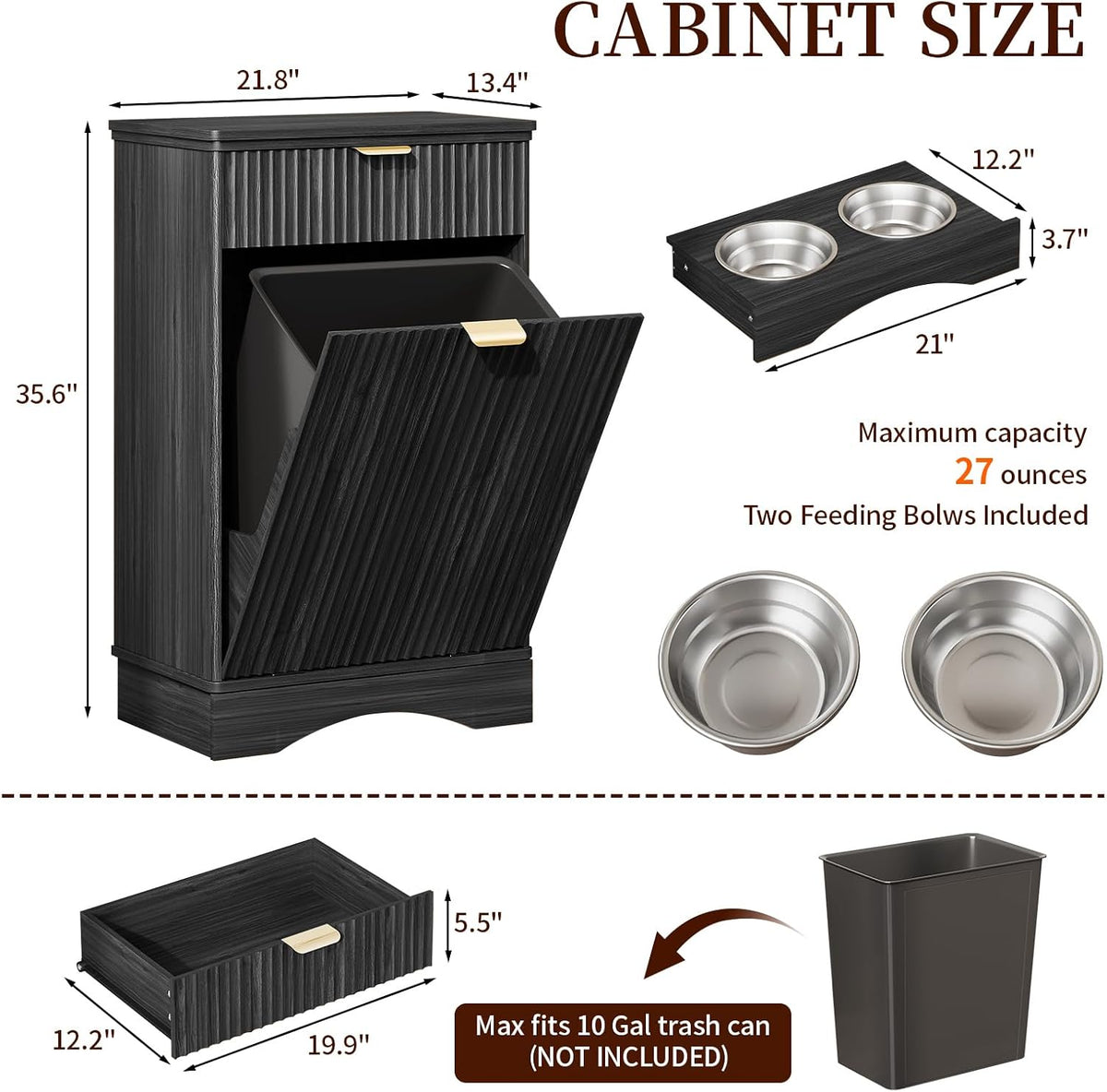 Pet Feeding Station with Storage Cabinet & 2 Elevated Bowls,Hooks,Black