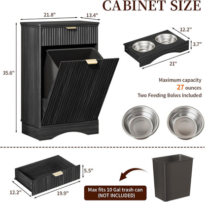 Pet Feeding Station with Storage Cabinet & 2 Elevated Bowls,Hooks,Black
