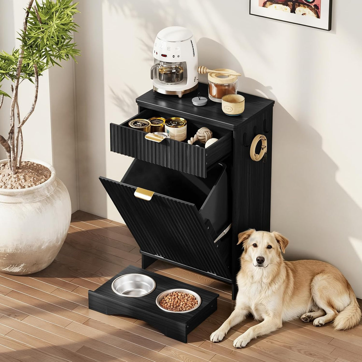 Pet Feeding Station with Storage Cabinet & 2 Elevated Bowls,Hooks,Black
