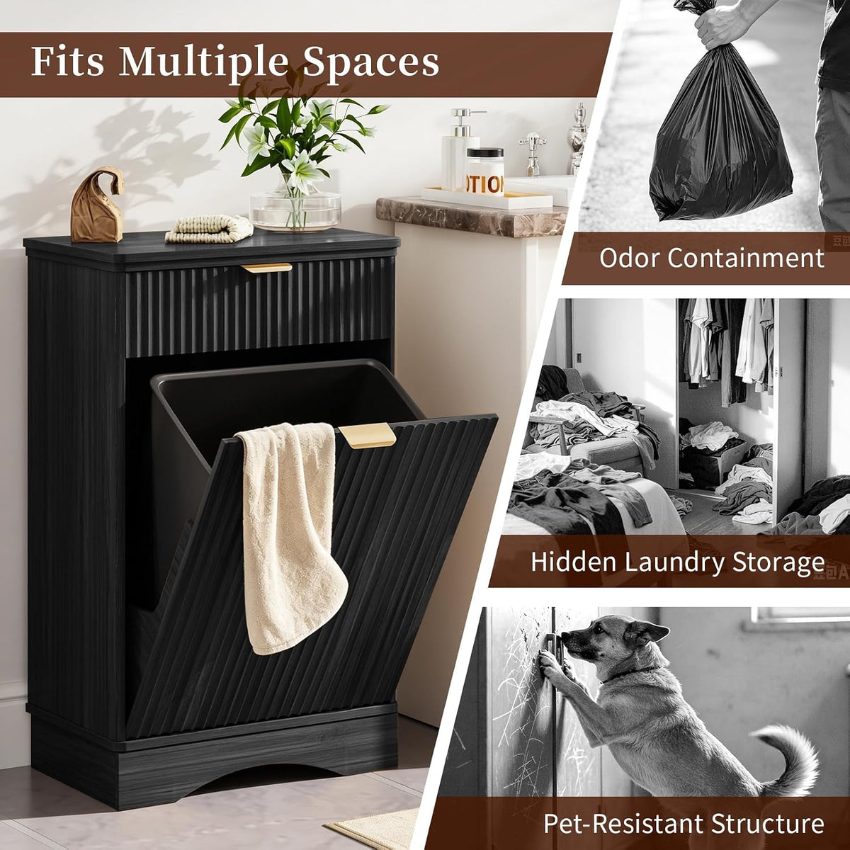 Pet Feeding Station with Storage Cabinet & 2 Elevated Bowls,Hooks,Black