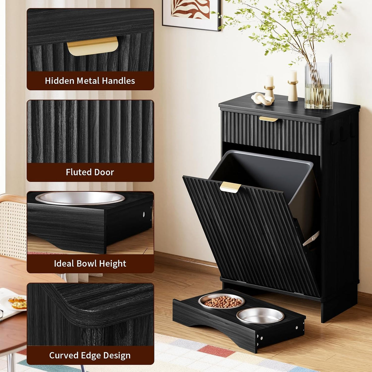 Pet Feeding Station with Storage Cabinet & 2 Elevated Bowls,Hooks,Black
