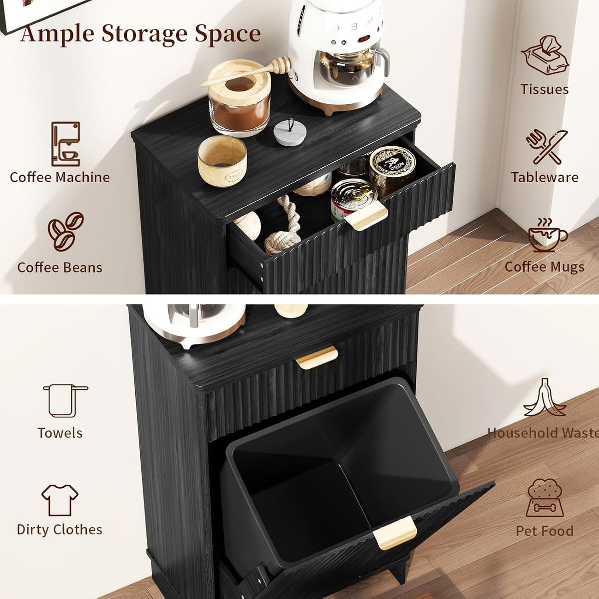 Pet Feeding Station with Storage Cabinet & 2 Elevated Bowls,Hooks,Black