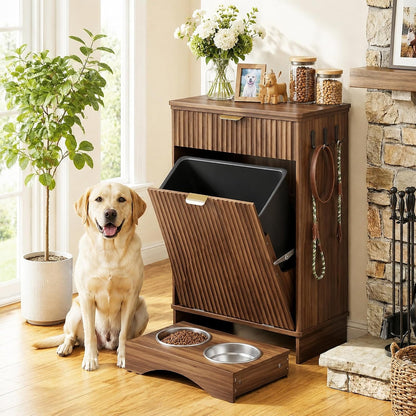 Pet Feeding Station with Storage Cabinet & 2 Elevated Bowls,Hooks,Black