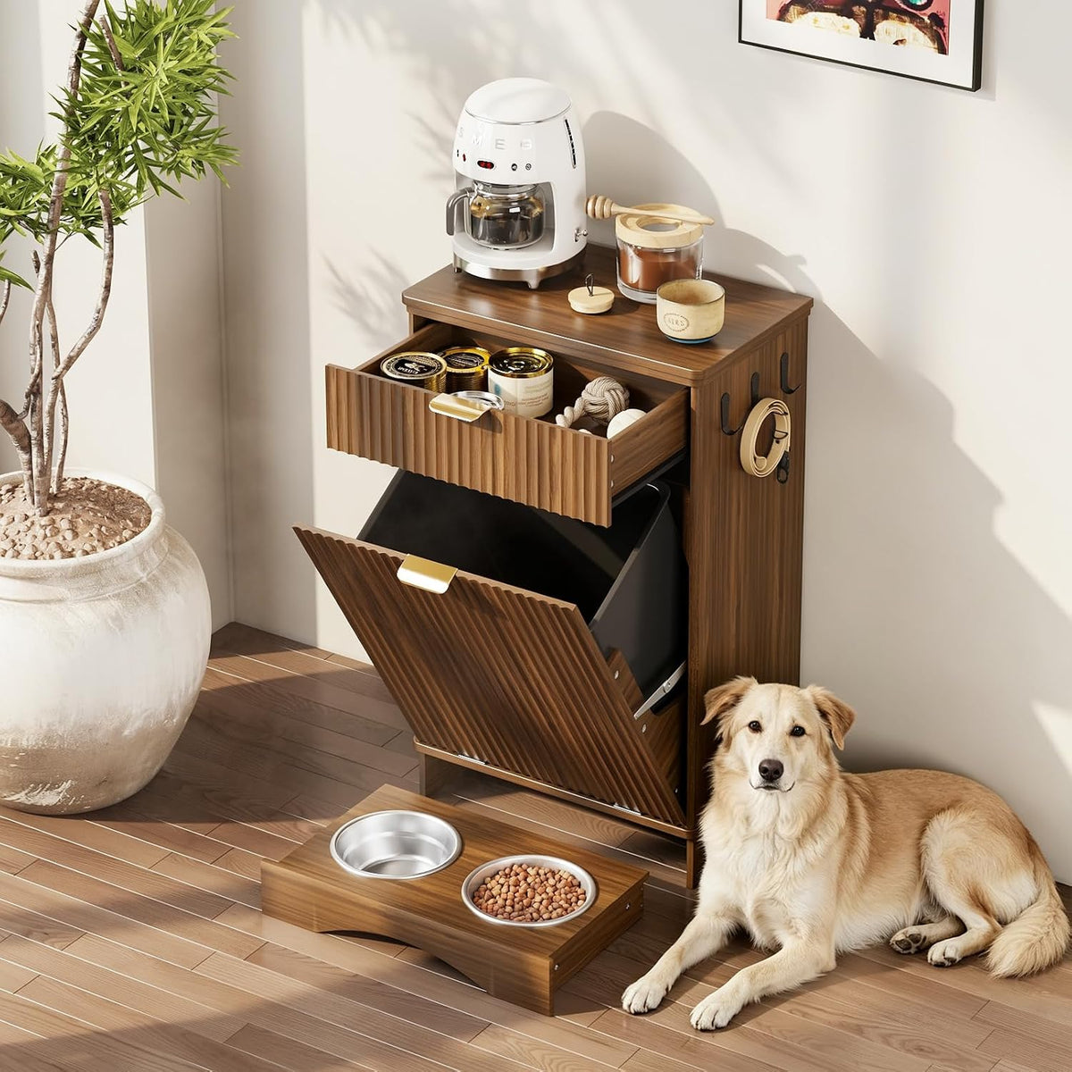 Pet Feeding Station with Storage Cabinet & 2 Elevated Bowls,Hooks,Black