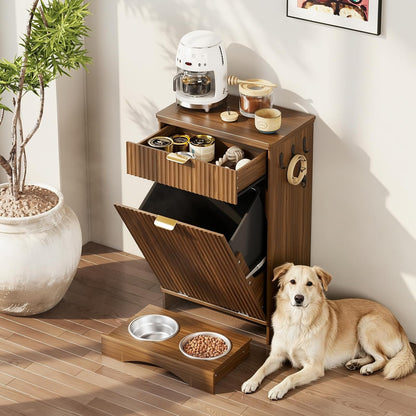Pet Feeding Station with Storage Cabinet & 2 Elevated Bowls,Hooks,Black