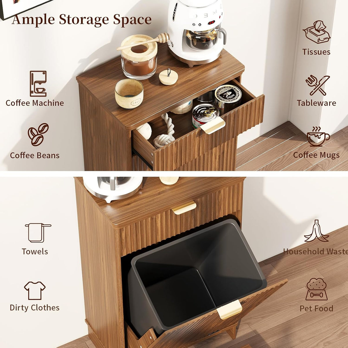 Pet Feeding Station with Storage Cabinet & 2 Elevated Bowls,Hooks,Black