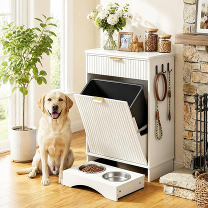 Pet Feeding Station with Storage Cabinet & 2 Elevated Bowls,Hooks,Black
