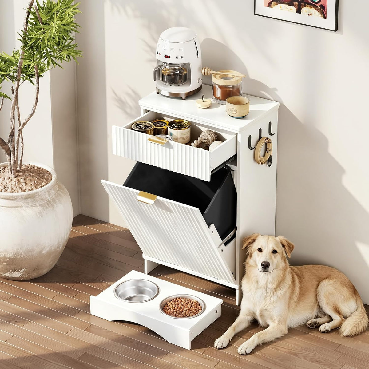 Pet Feeding Station with Storage Cabinet & 2 Elevated Bowls,Hooks,Black