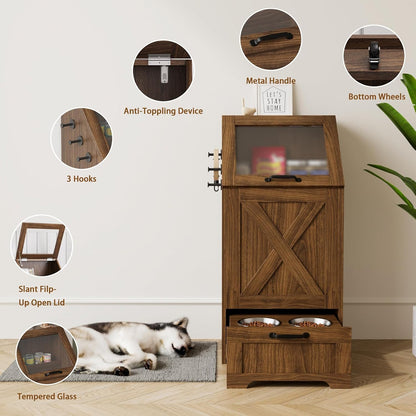Pet Feeding Station with Storage Cabinet & 2 Elevated Bowls,Hooks,Black