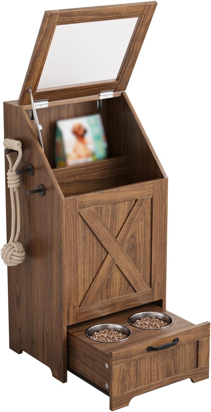 Pet Feeding Station with Storage Cabinet & 2 Elevated Bowls,Hooks,Black