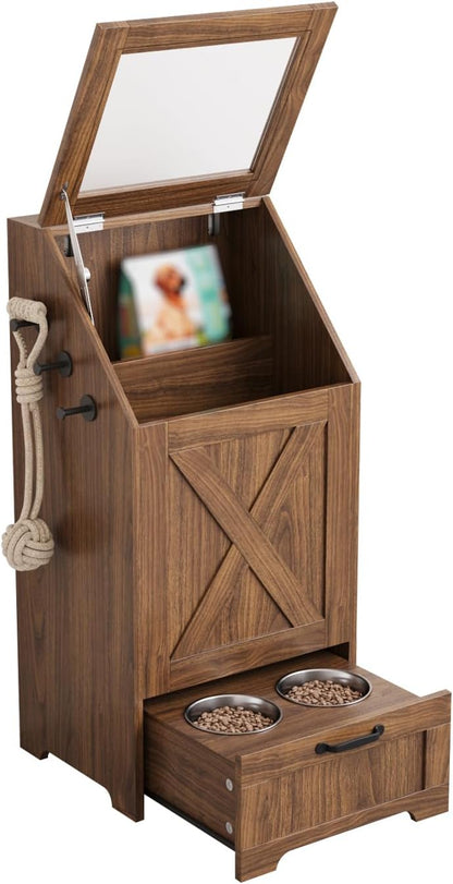 Pet Feeding Station with Storage Cabinet & 2 Elevated Bowls,Hooks,Black