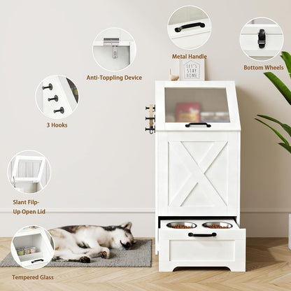 Pet Feeding Station with Storage Cabinet & 2 Elevated Bowls,Hooks,Black