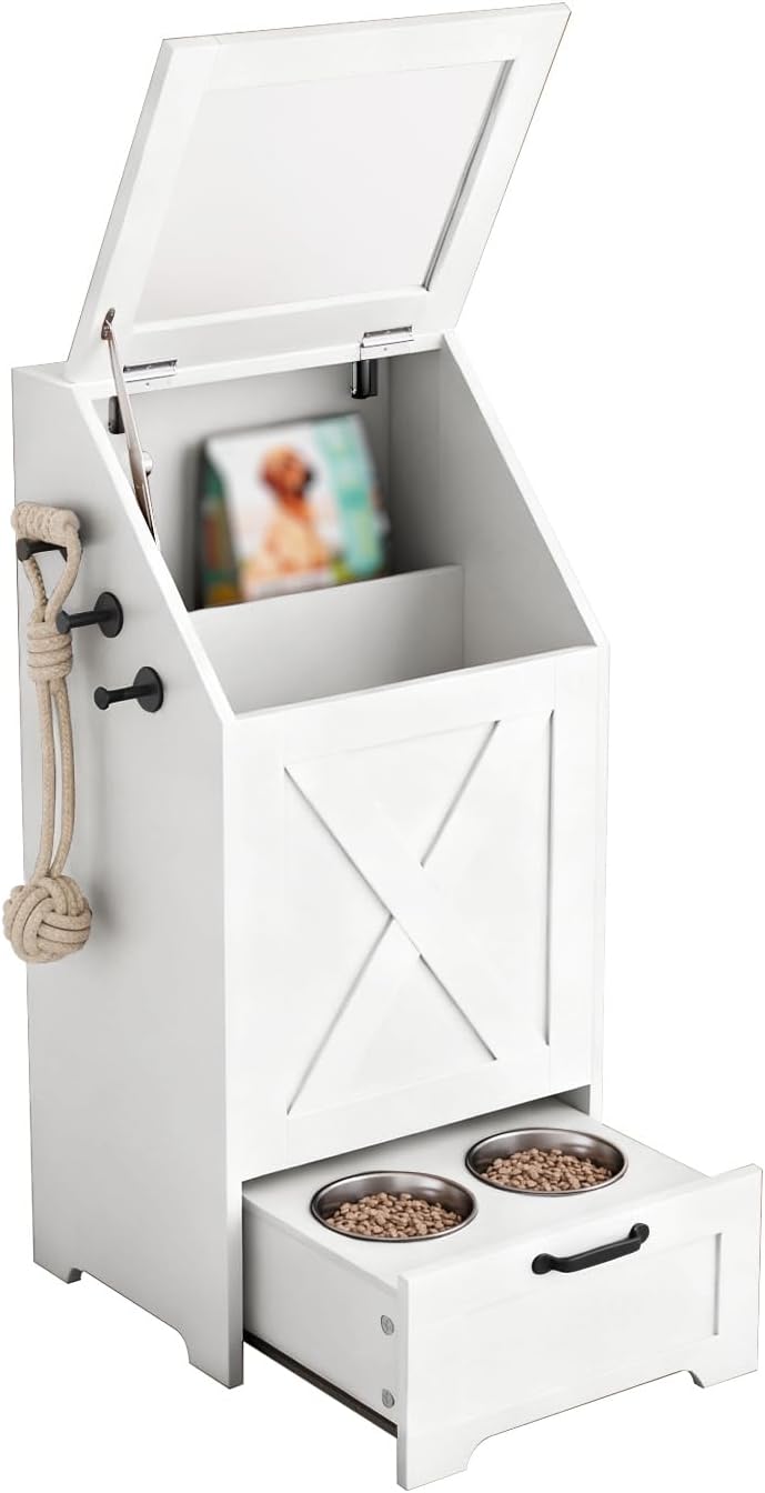 Pet Feeding Station with Storage Cabinet & 2 Elevated Bowls,Hooks,Black