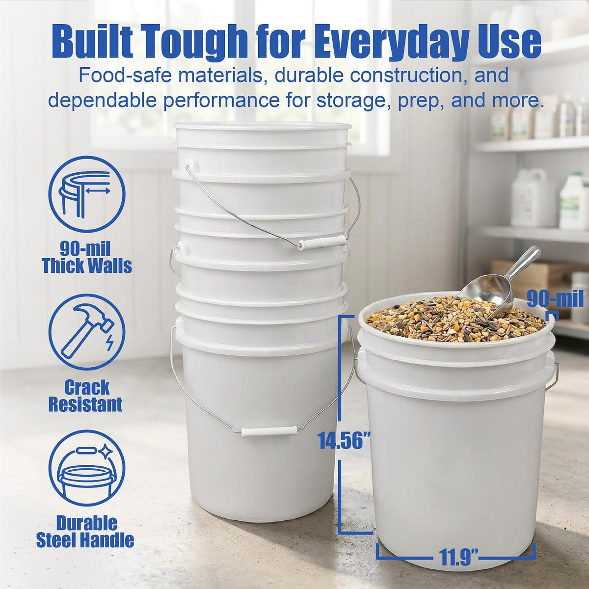 5 Gallon Bucket - Food Grade w/Lid BPA-Free, White/Green, 3