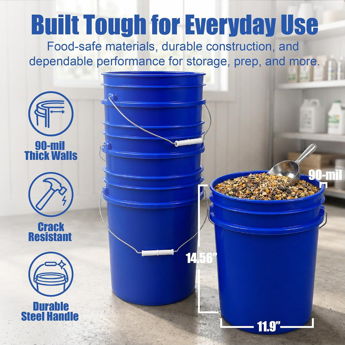 5 Gallon Bucket - Food Grade w/Lid BPA-Free, White/Green, 3