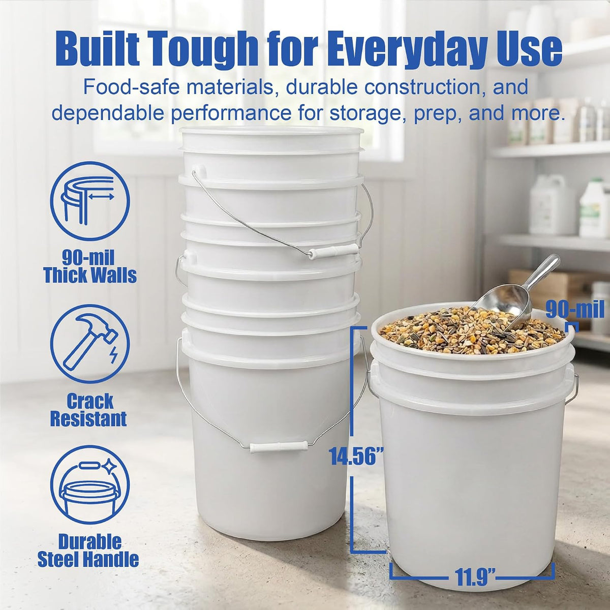 5 Gallon Bucket - Food Grade w/Lid BPA-Free, White/Green, 3
