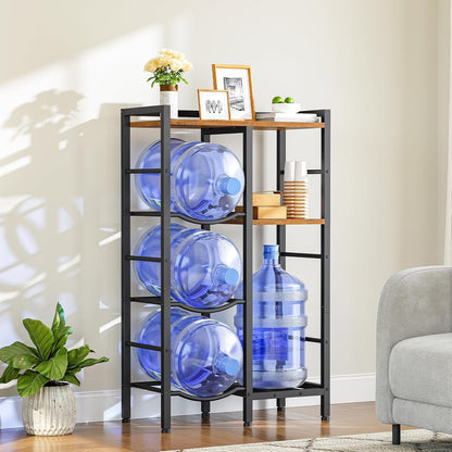 5 Gallon Water Bottle Holder Organizer, Water Jug Rack, 3-Tier Water Dispenser Stand with 2 Wooden Shelves, for Kitchen, Office, Living Room, Rustic Brown and Black BF11ST01