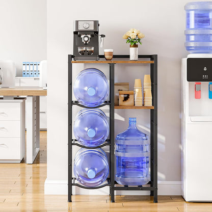 5 Gallon Water Bottle Holder Organizer, Water Jug Rack, 3-Tier Water Dispenser Stand with 2 Wooden Shelves, for Kitchen, Office, Living Room, Rustic Brown and Black BF11ST01