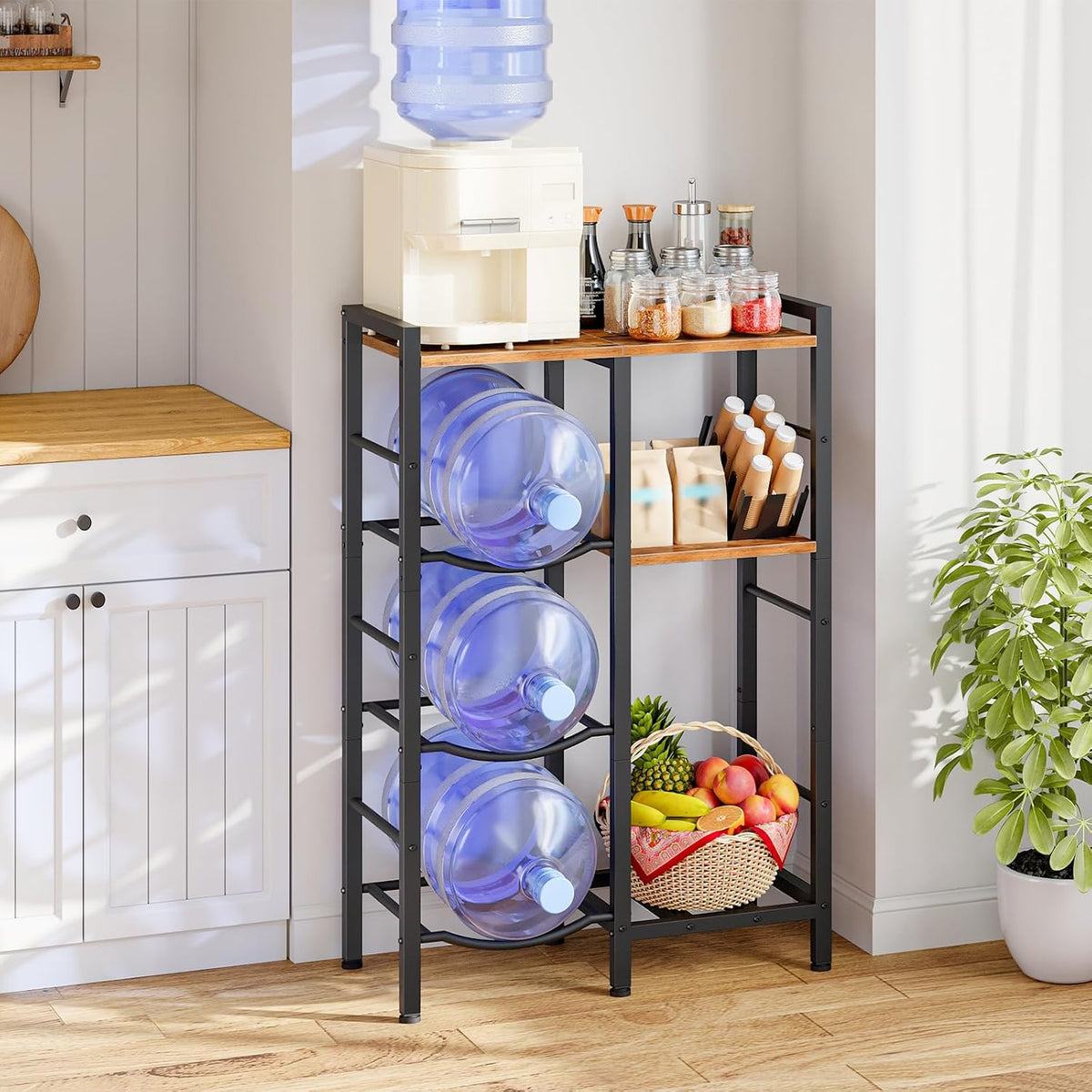 5 Gallon Water Bottle Holder Organizer, Water Jug Rack, 3-Tier Water Dispenser Stand with 2 Wooden Shelves, for Kitchen, Office, Living Room, Rustic Brown and Black BF11ST01